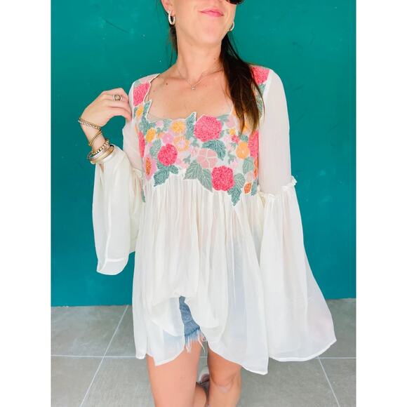 Free People Embroidered Sheer Cream Babydoll Style Top - Picture 2 of 5